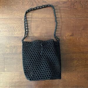 Vintage Black Beaded Bucket Shoulder Bag w/ Drawstring Closure, Perfect for Fall